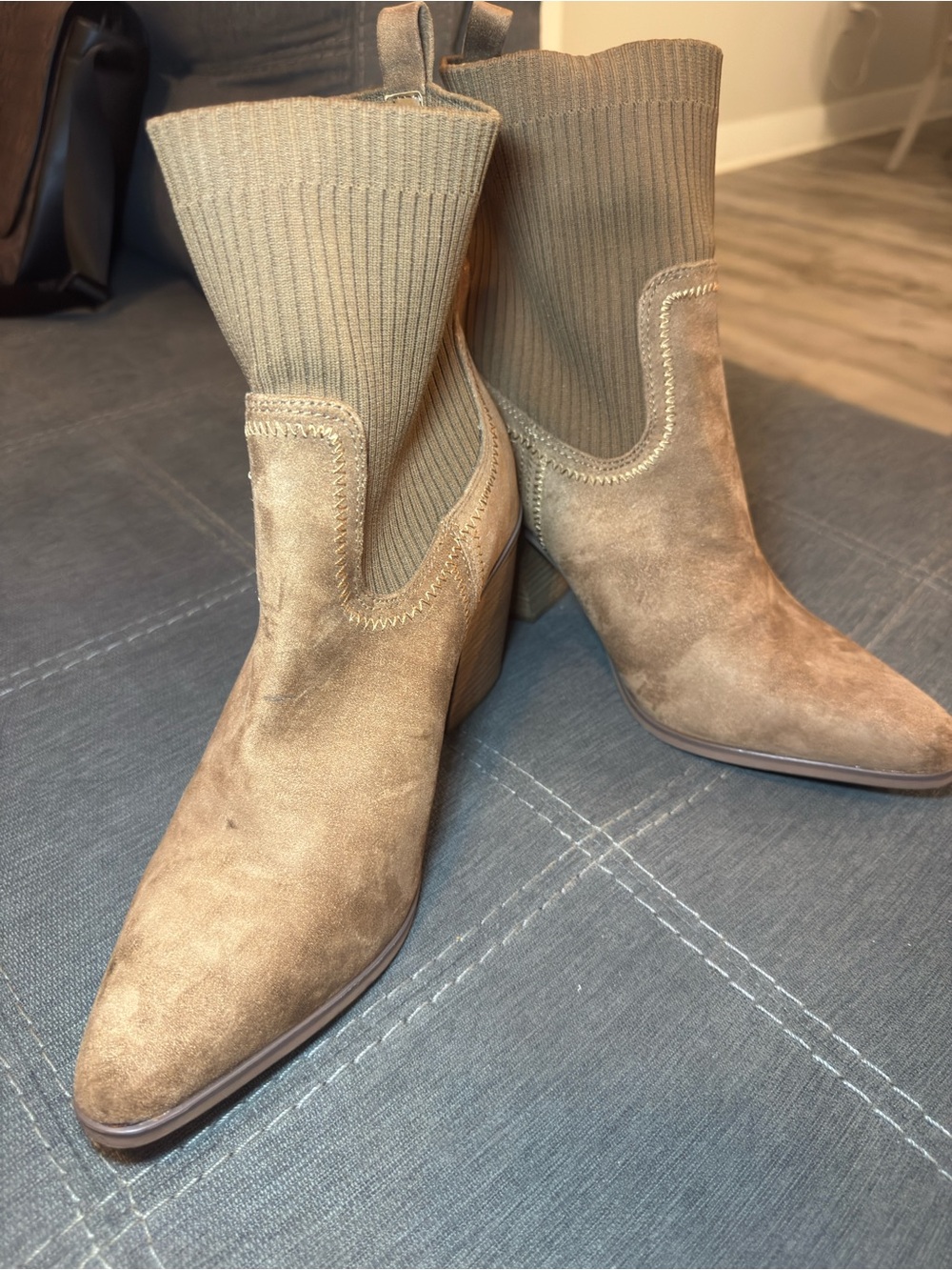 Target Taupe Suede Knit Shaft Heeled Ankle Boots